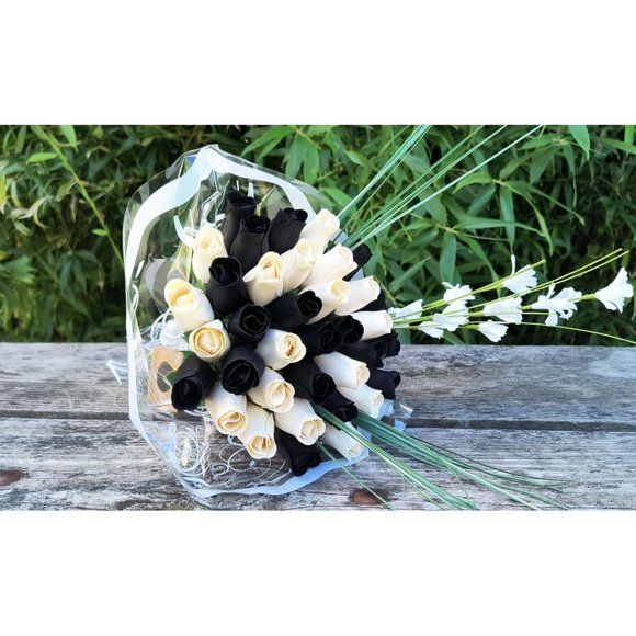 3 Dozen Black and White Wooden Rose Flower Bouquet. The Original Wooden Rose - Picture 5 of 8